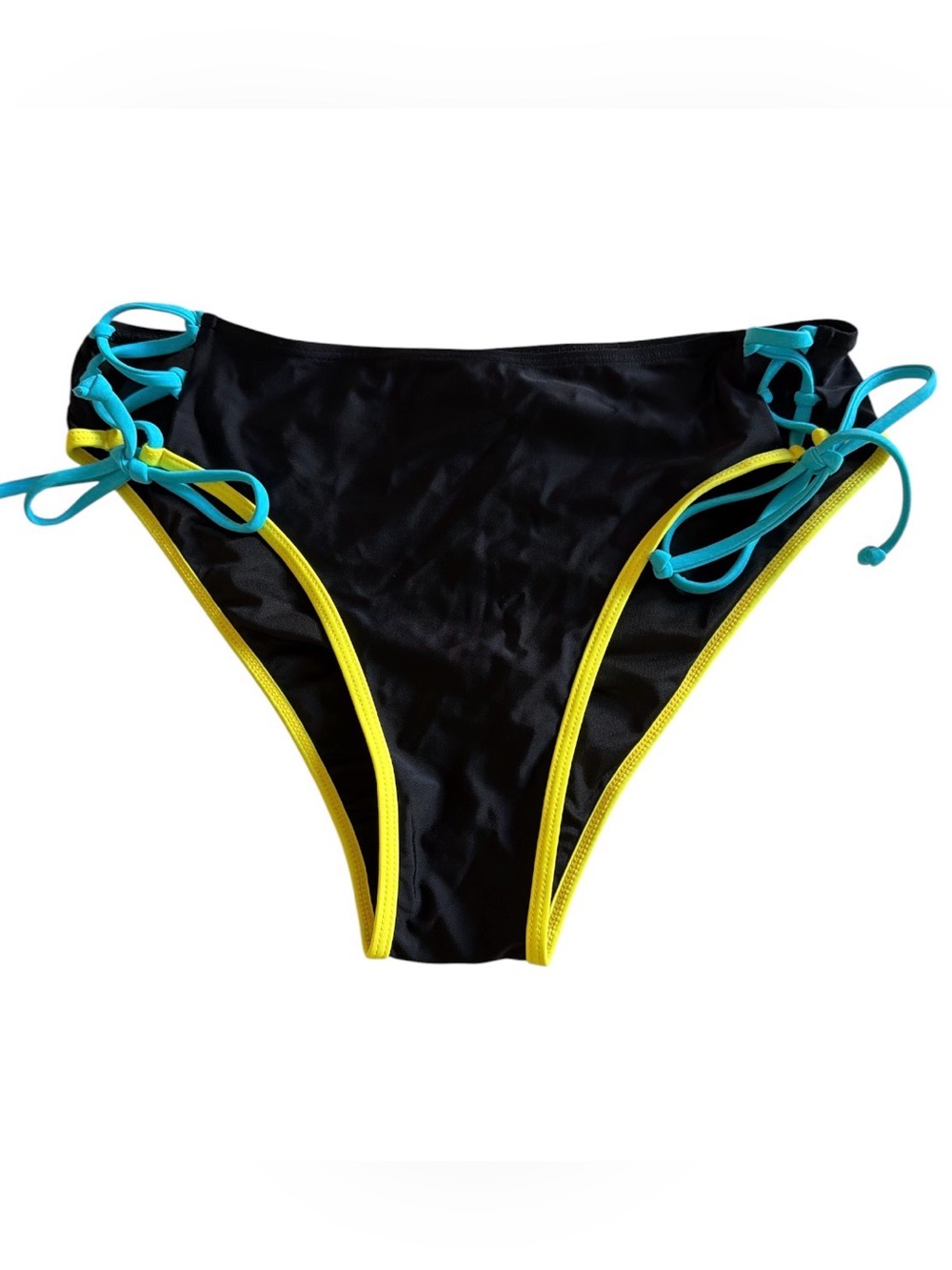 Women’s NWOT Black Bikini Bottom with Yellow Trim and Turquoise Ties Size Large